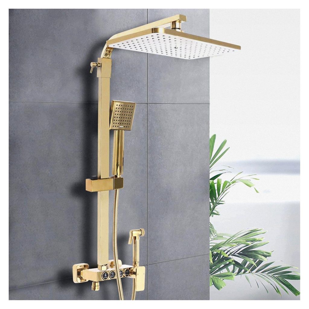 Duscharmatur-Set mit Stab-Duschkopf und Kopfbrause in gebürstetem Gold, Wandmontage, 2 Funktionen, Grobventil und Duschverkleidung mit Handbrause,...