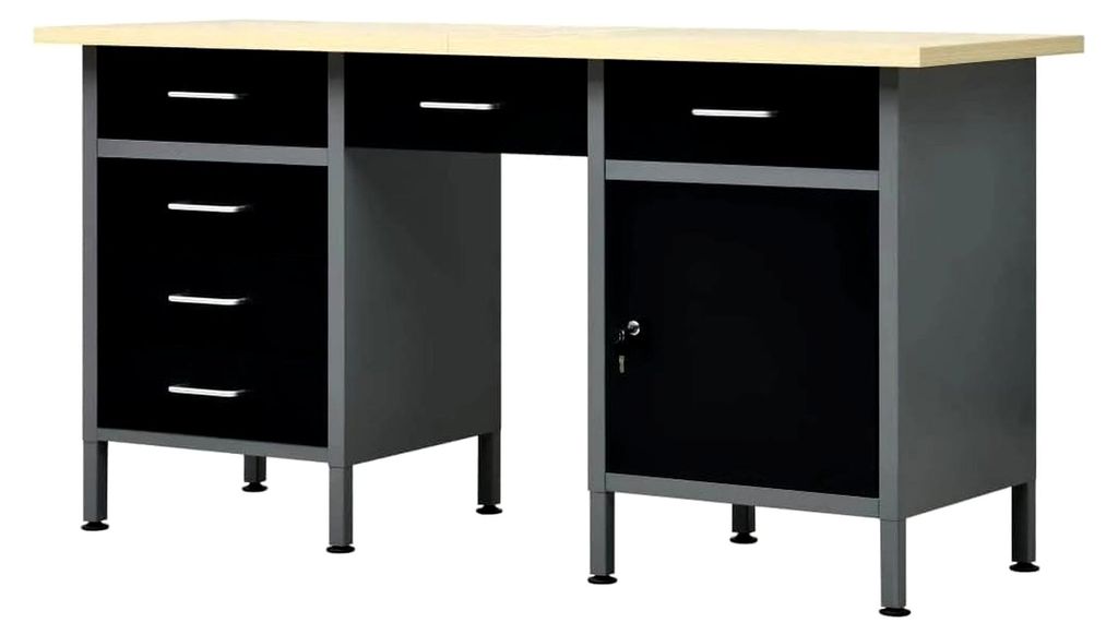 Arbeitstisch mit 6 Schubladen und 1 Schrank, höhenverstellbare Füße, Werkstatt, Werkbank, Werktisch, Packtisch, Schwarz, 160x60x85cm, Stahl
