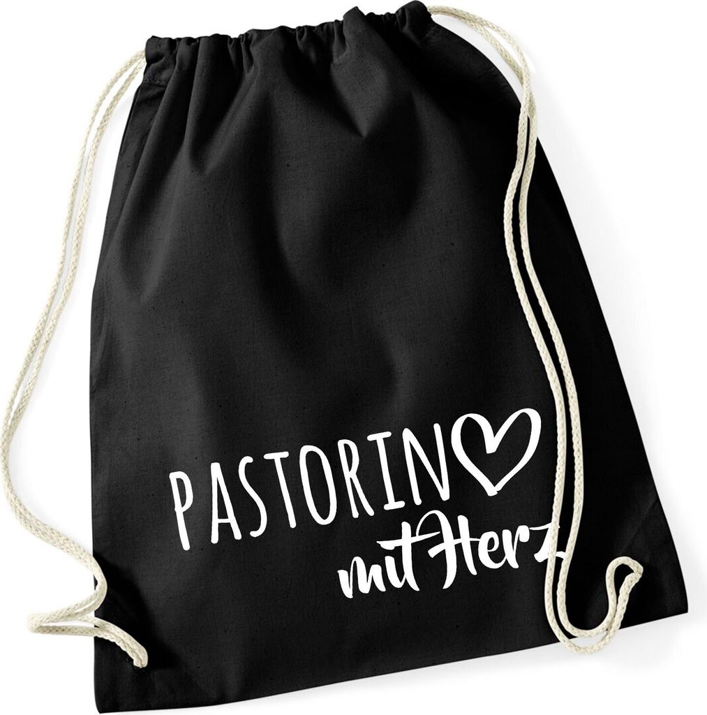 Huuraa Turnbeutel Pastorin mit Herz 12 Liter Black Baumwolle Rucksack Geschenkidee