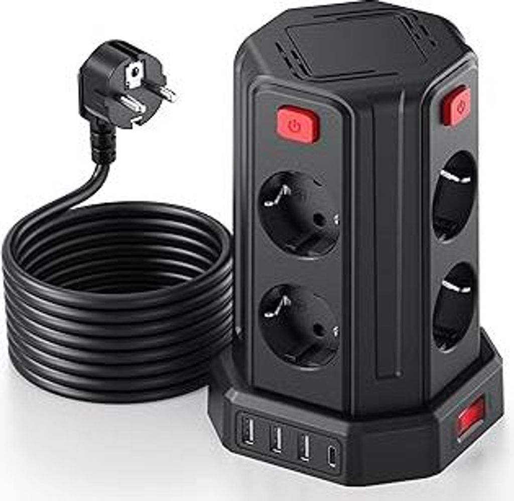 5M Verlängerungskabel Steckdosenleiste,8 Fach Mehrfachsteckdose mit USB (3 USB-A+1 USB-C), Steckdose mit Schalter, Steckdosenturm Überspannungssc...