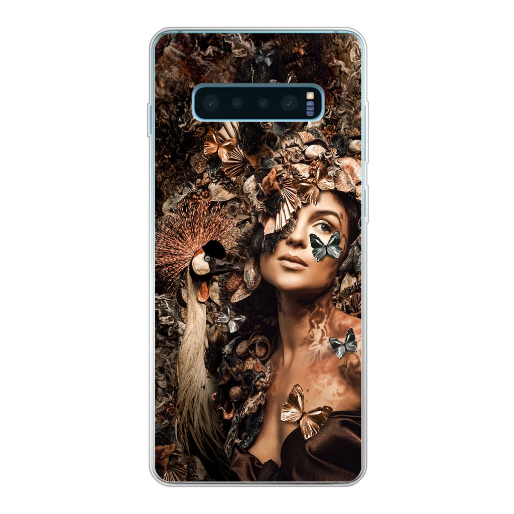 MuchoWow Handyhülle Schutzhülle Hülle für Samsung Galaxy S10 Plus Luxus - Frau - Tiere - Schmetterlinge - Vögel Silikon Softcase Handy Hüll...