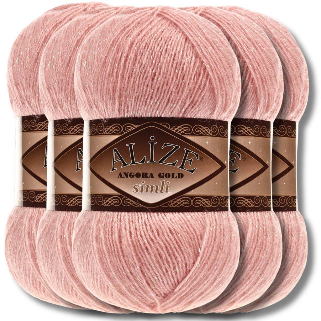 Alize 5x 100g Angora Gold Simli Wolle mit Glitzer, Uni, Häkeln, Stricken (Bride Pink | 363)