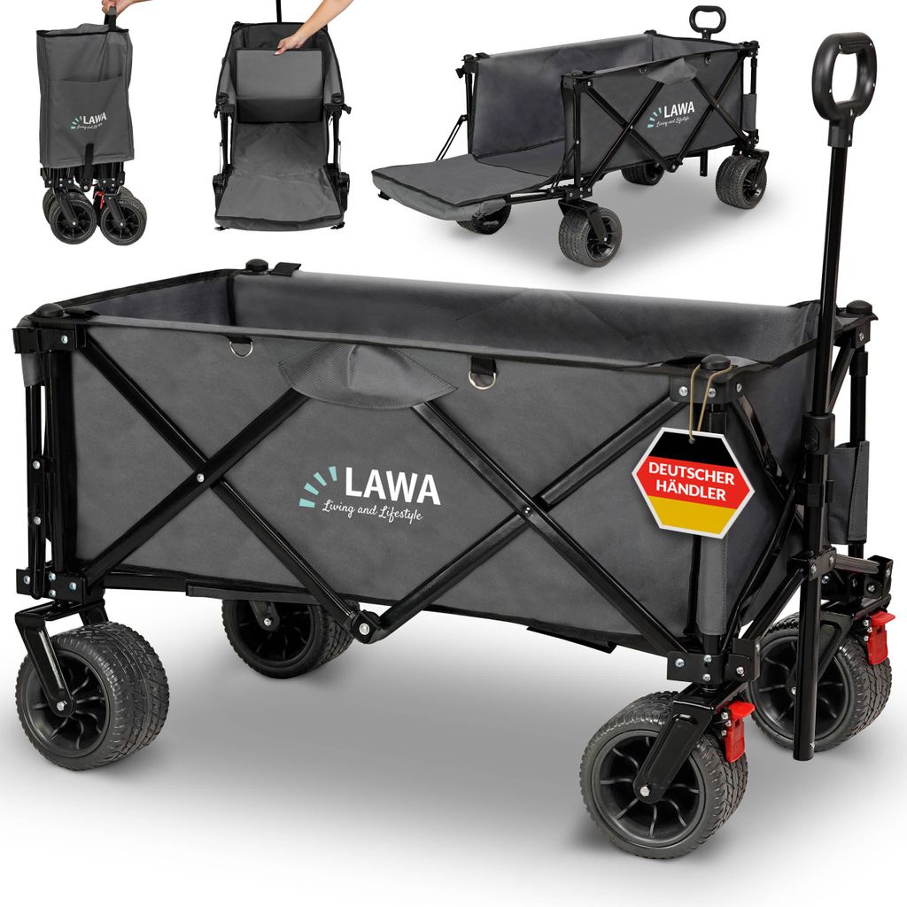 A collage of images showing a foldable wagon in various states of use and assembly, with close-ups of its features.