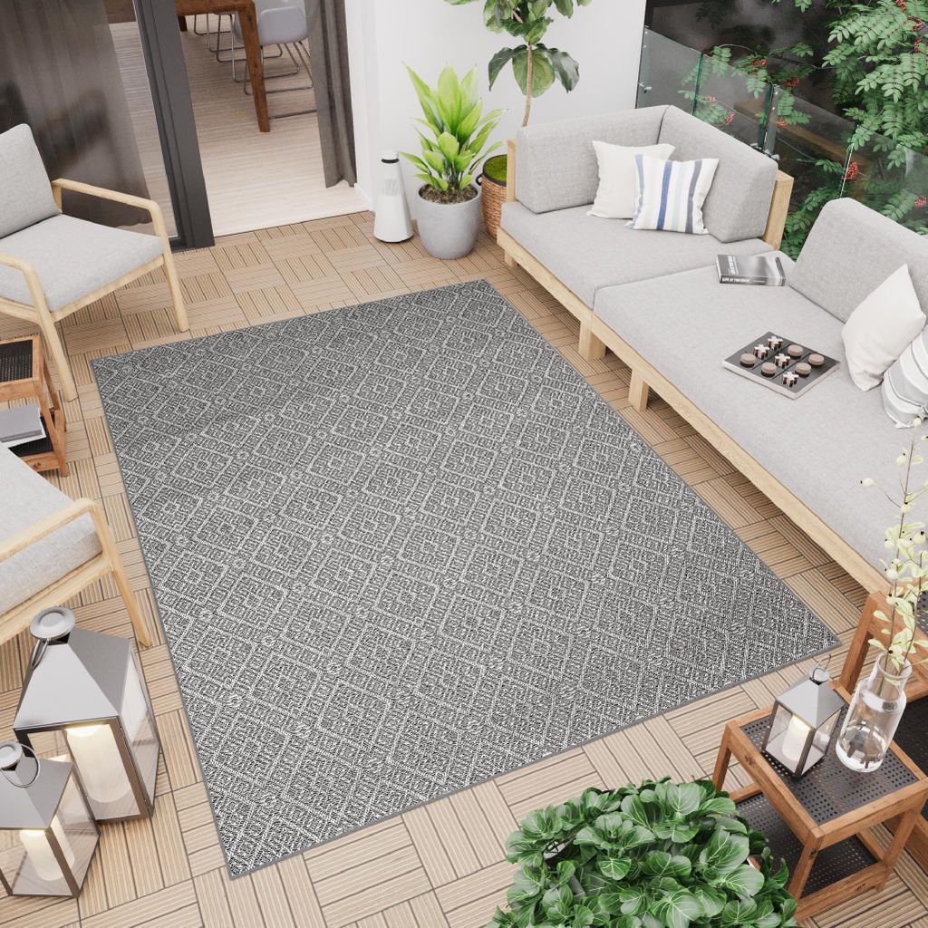 Teppich Outdoor Indoor Grau Karo Gitter Balkon Terrasse Wetterfest UV-Beständig 120 x 170 cm