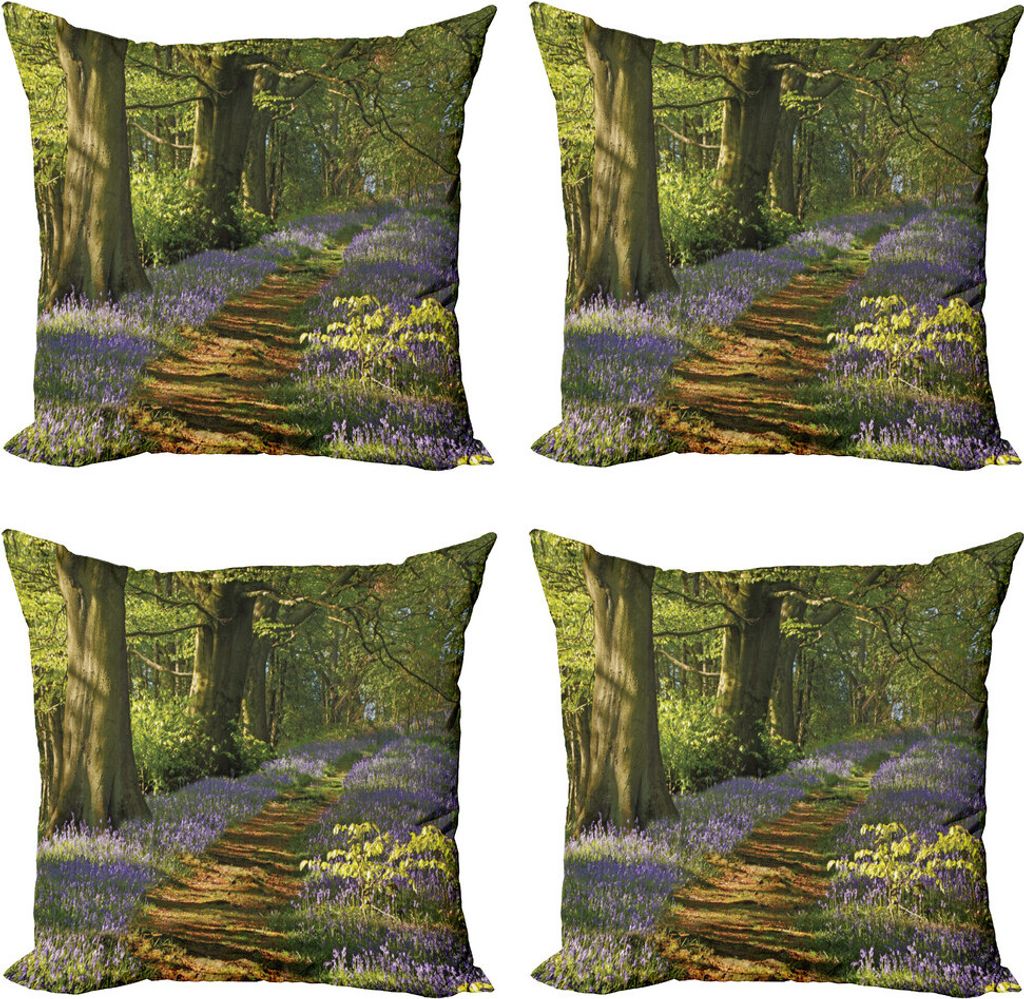 ABAKUHAUS Wald Kissenbezug Set (4 Stück), Pfad zwischen Glockenblumen, Moderner Doppelseitiger Digitaldruck, 50 cm x 50 cm, Grün, Lila Brown