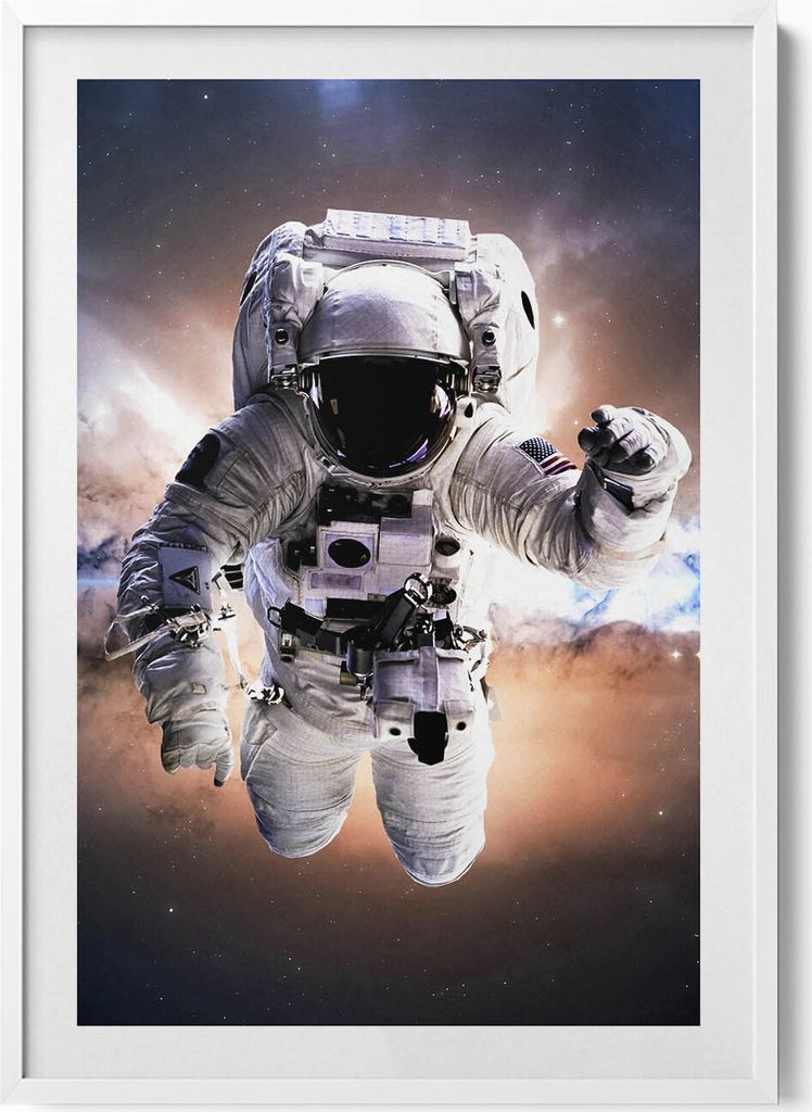Astronaut im Weltraum– Wandbild mit Rahmen – Gerahmtes Bild – Wanddekoration – 70x100 cm – Weiß Rahmen