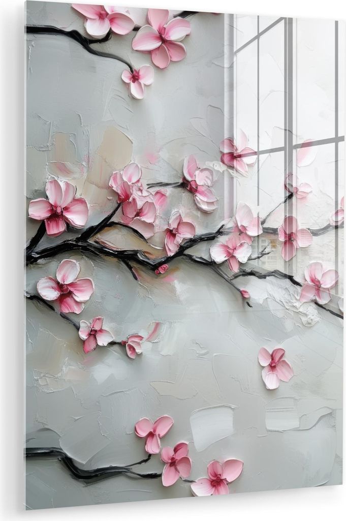 MuchoWow Glasbilder - Bilder auf Wandbild - Foto auf Glas Blüte - Künstlerisch - Rosa - Sakura 60x80 cm Wanddekoration aus Glas - Acrylglasbild -...