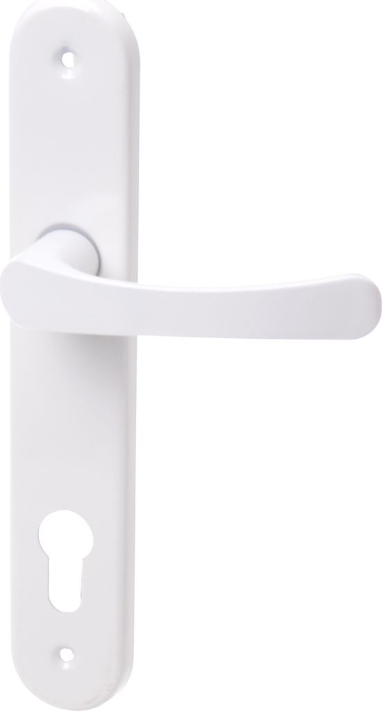 A white door handle with a long escutcheon plate, shown against a white background.