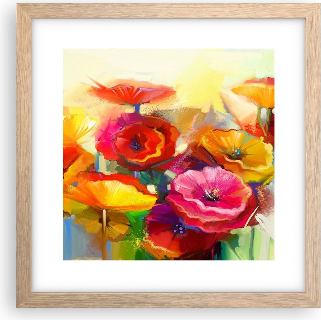 Gerahmtes Poster - Rahmen in heller Eiche - Blumen Frühling Flora Garten - 30x30 cm - Wand Bild - Wanddeko - Wandbilder - Wandposter - Bilderrahme...