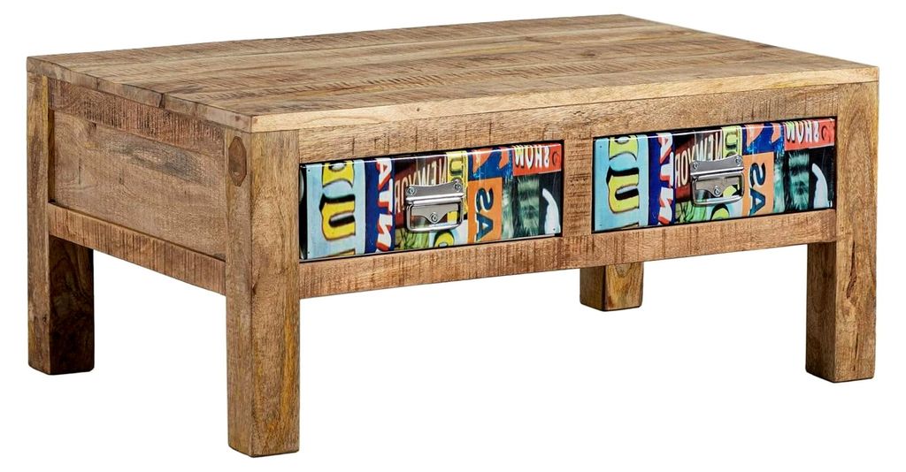 Couchtisch aus Massivholz - Mehrfarbig, lackiert | Mango | 90x60x40 | 2 Schubladen | Kaffeetisch Beistelltisch Sofatisch