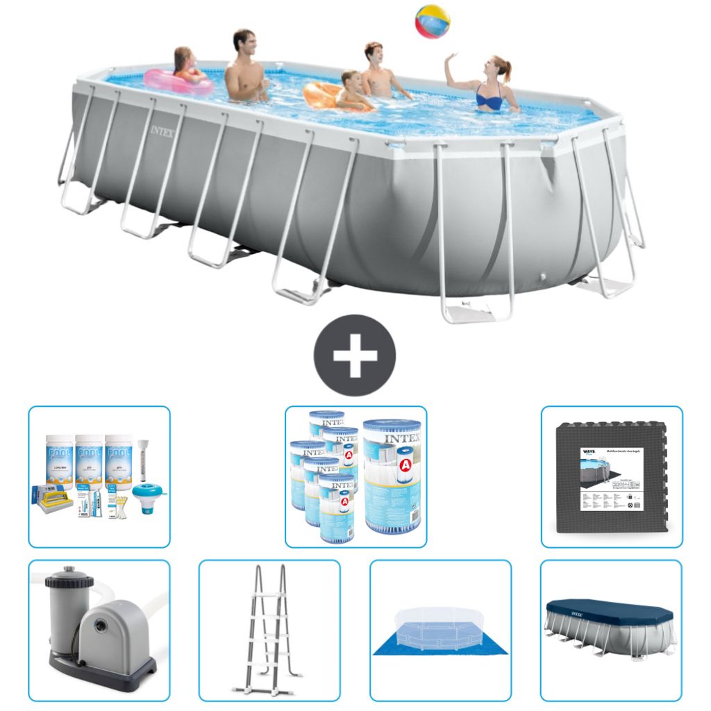 Intex Oval Prism Frame Swimmingpool – 610 x 305 x 122 cm – Grau – inklusive Pumpe – Leiter – Bodenplane – Abdeckung Wartungspaket - Fil...