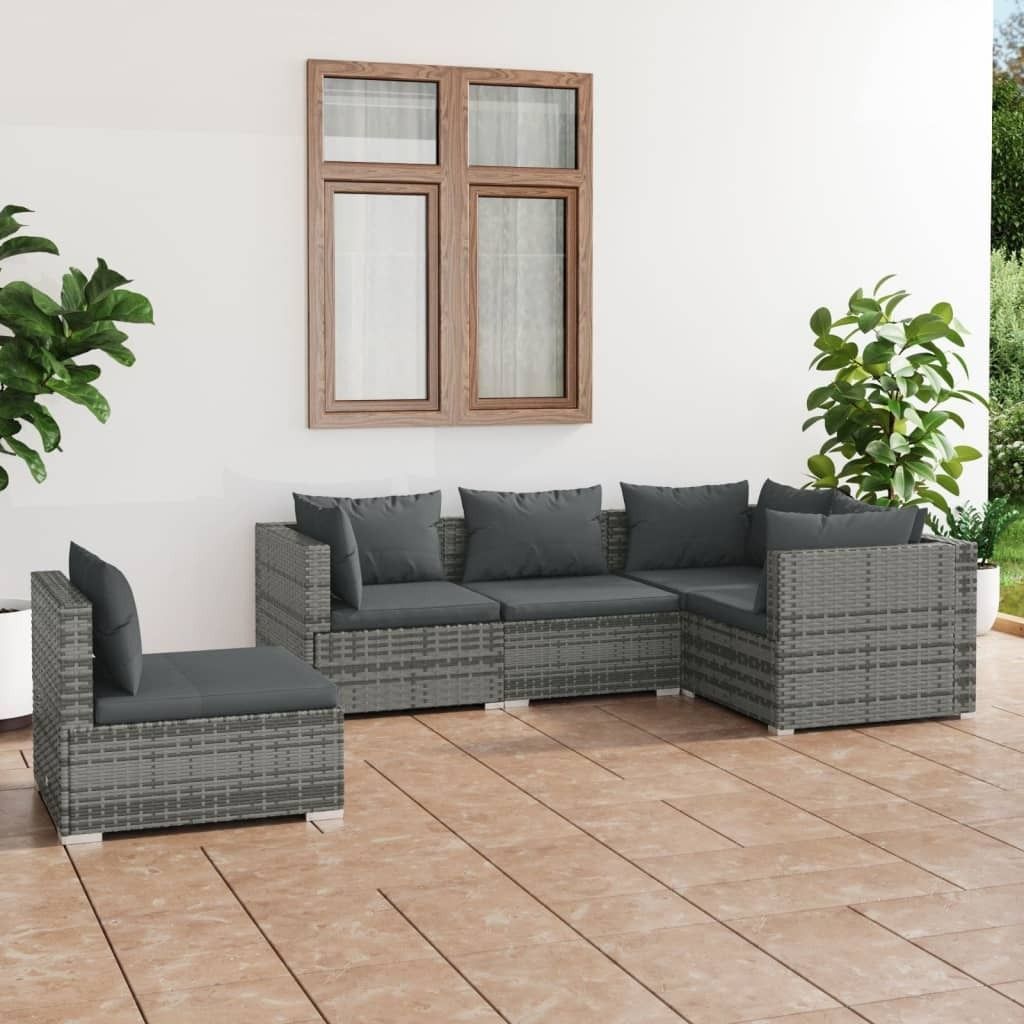 "2026 Promotion" 5-tlg. Garten-Lounge-Set - Sitzgruppe - mit Kissen - Poly Rattan Grau - Gartenmöbelset CC4701