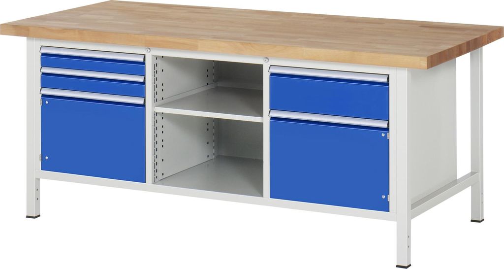 Werkbank mit Ablageboden - 2 Schränken - 3 Schubladen - Teilauszug - 90:2/180:1 - Höhe 840-1.040 mm - 2.000 x 900 mm (BxT) - Traglast 1.250 kg - ...