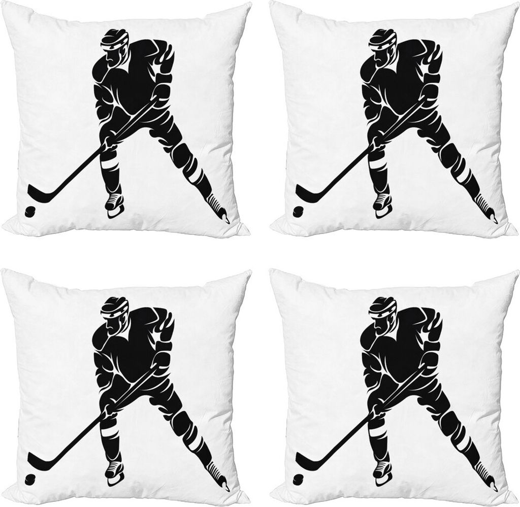 ABAKUHAUS Eishockey Kissenbezug Set (4 Stück), Schwarz Silhouette Spiel, Moderner Doppelseitiger Digitaldruck, 40 cm x 40 cm, Schwarz-Weiss