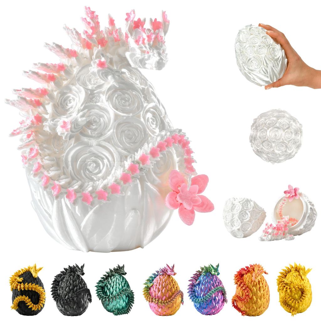 A collage of dragon egg figurines, with a large white and pink dragon egg with floral decorations as the main focus, and smaller colorful dragon eggs at the bottom.