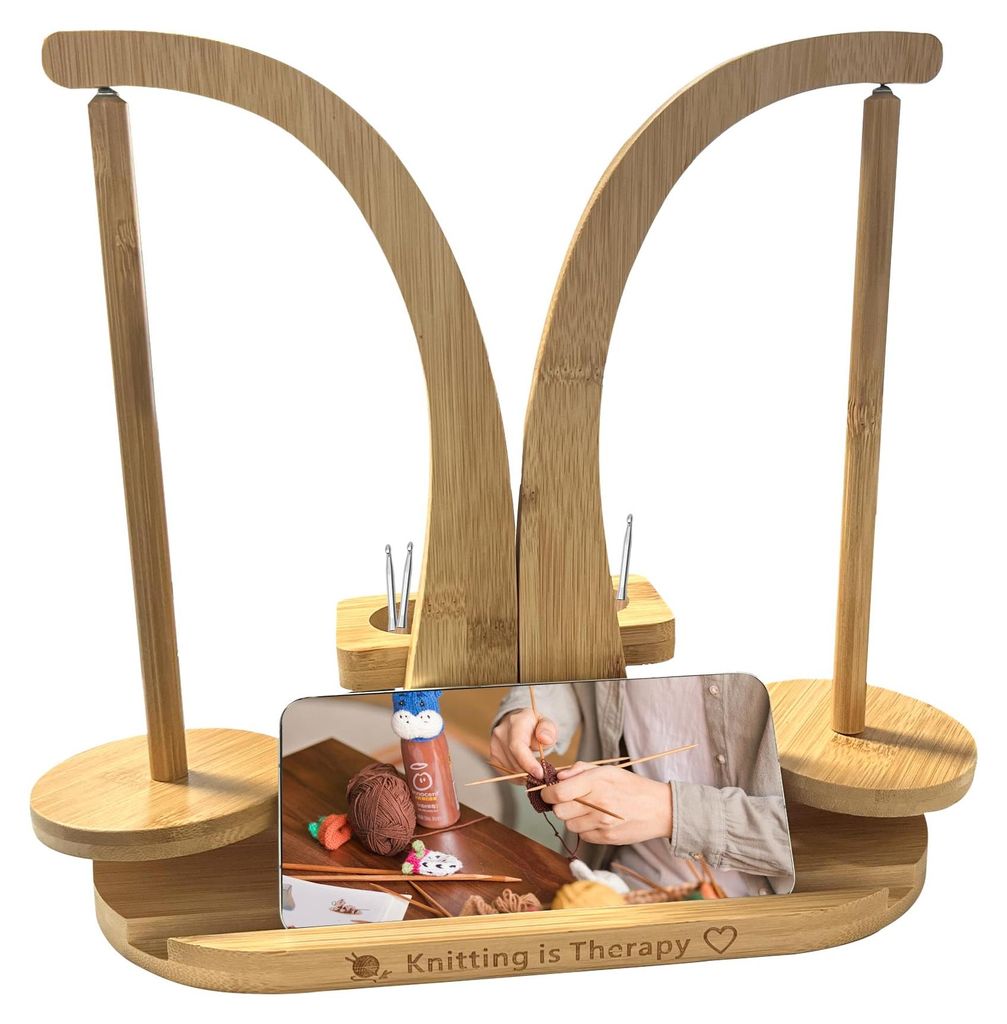 Wollabwickler Magnetisch aus Holz mit Strickzubehör Organizer Doppel Garnhalter Ständer für Häkeln und Stricken (Bambusfarbe)