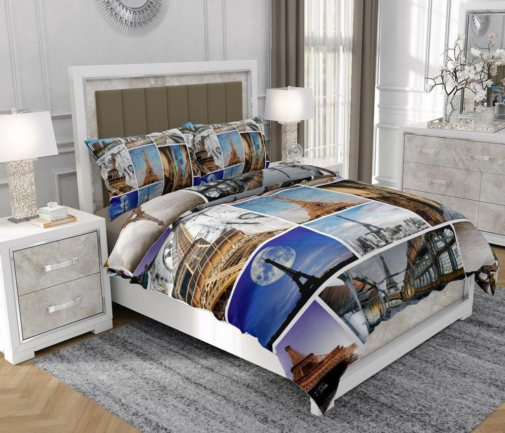 Bettwäsche 160x200 cm + 2x70x80 cm, 3-teilig, 100% Baumwolle, Satin, Reißverschluss, Stadt, Bunt - SOVIO | So.0075