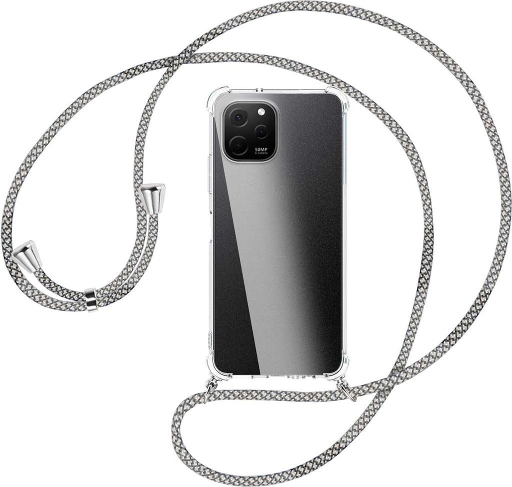 Handykette Backcover-Schutzhülle mit Band (Metall silberfarben) für Huawei nova Y61 (EVE-LX9,LX3) - weiß/grau kariert