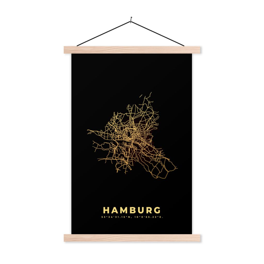 MuchoWow Textilposter Hamburg - Karte - Stadtplan - Gold - Karte 120x180 cm mit holzfarbenen Rahmen - Textil-Plakat