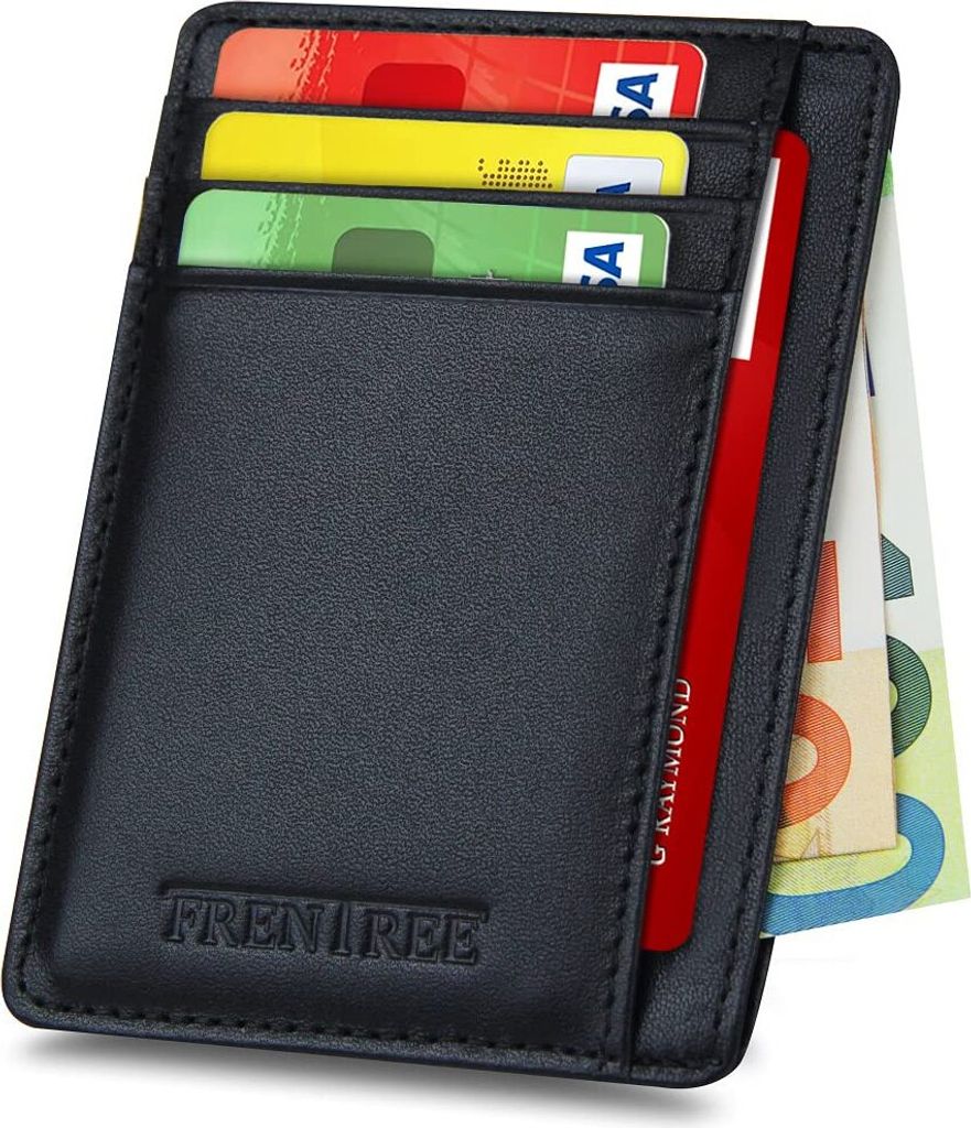 A black leather cardholder with multiple cards and banknotes inserted.