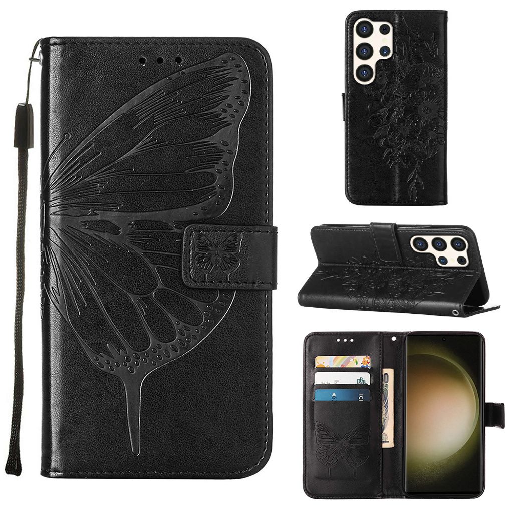 Galaxy S25 Ultra Hülle, Schmetterling Prägung Leder Kartenfächer Schutzhülle mit Ständer für Samsung Galaxy S25 Ultra Schwarz