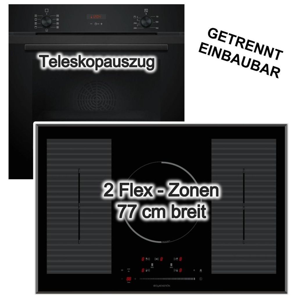 Herdset Siemens Einbaubackofen Hydrolyse Teleskopauszug + Wolkenstein Induktionskochfeld 77 cm Booster Flexzonen