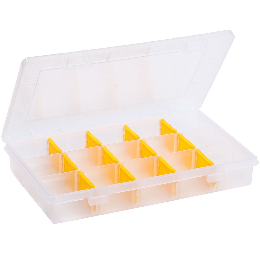 An open, transparent plastic storage box with yellow dividers, shown against a white background.