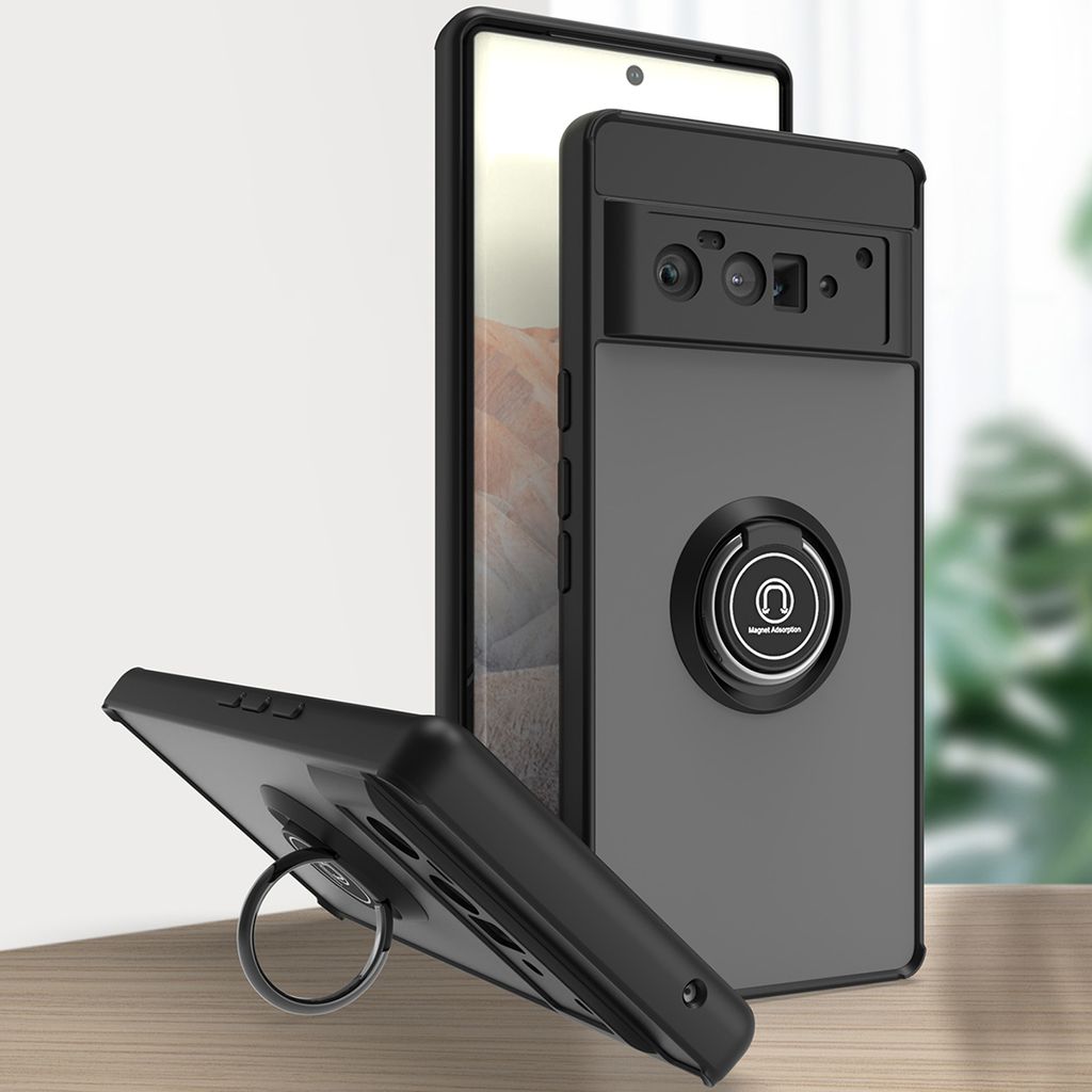 Google Pixel 6 Pro Hülle, Ring Halter Ständer Matte Transluzent TPU Rahmen Stoßfest Schutzhülle für Google Pixel 6 Pro Schwarz