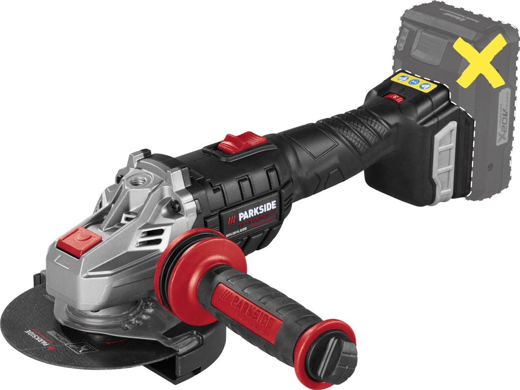 A cordless angle grinder is shown against a white background.