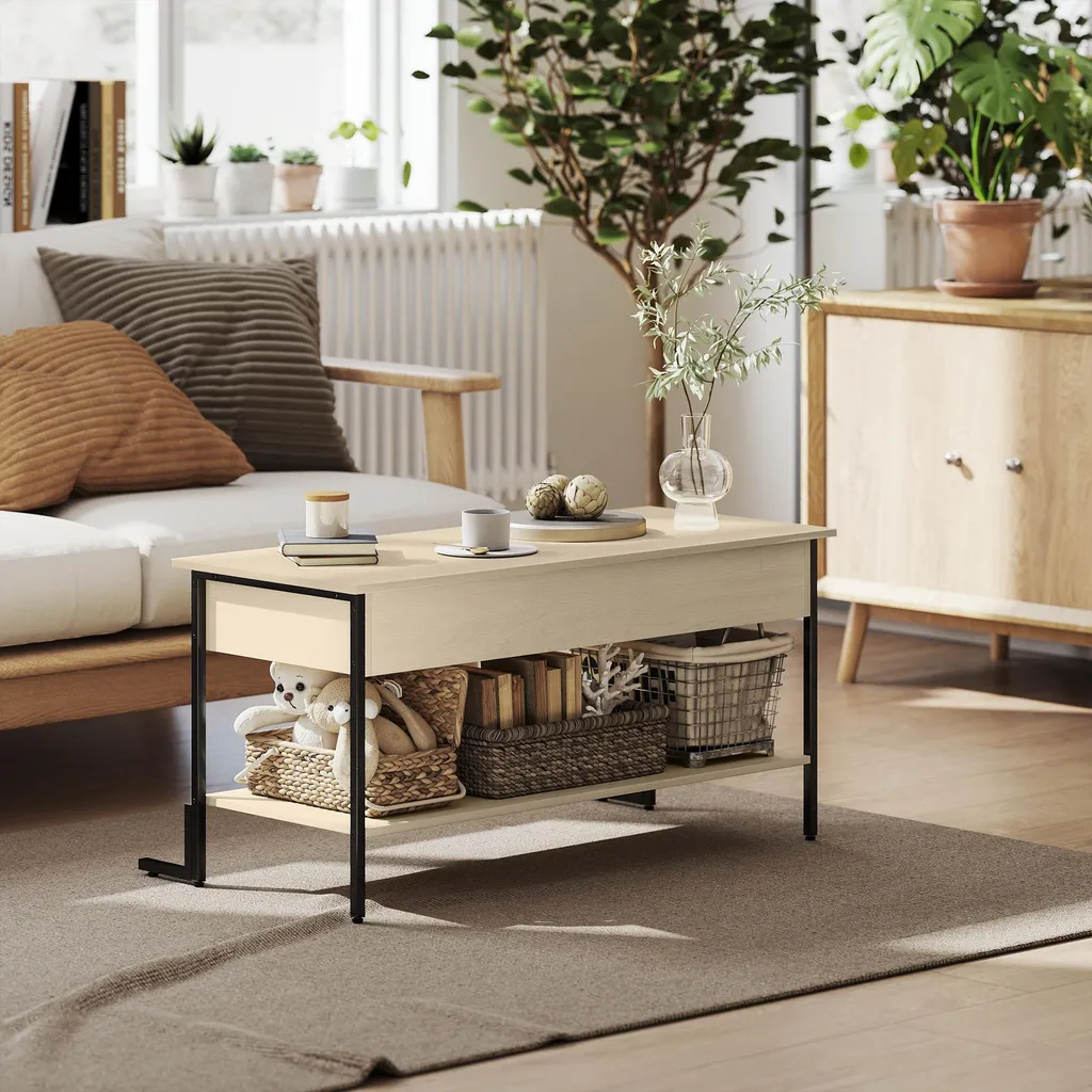 Table de salon avec plateau relevable et compartiment caché bois clair - 4