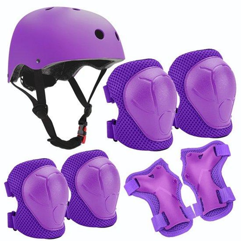 Schutzausrüstung für Kinder - 7-teiliges Set - Rollschuhe & Fahrrad - Anpassbare Helm - Ellbogenschutz und Kniebeschutz (Lila)