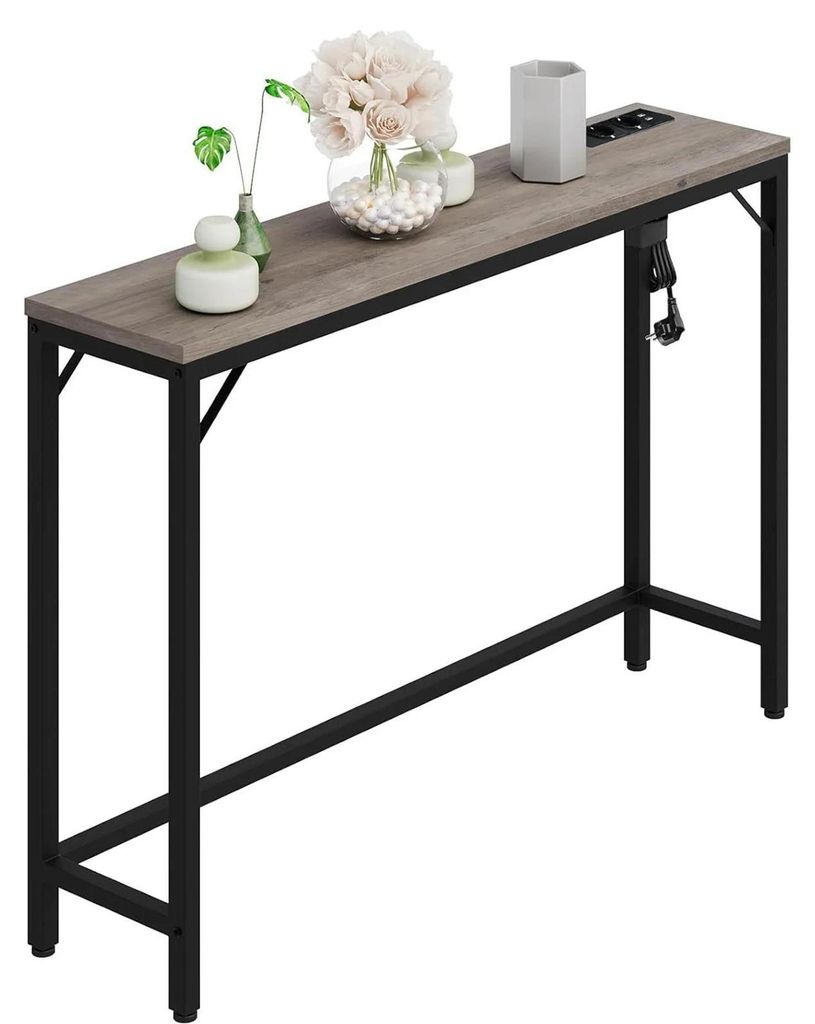Schmaler Konsolentisch 100 cm - Flur- und Sofatisch - Mit USB-Ladestation - Industrial Design - Metallgestell mit Holzplatte - Grau
