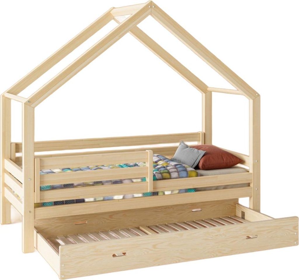 Kinderbett Haus TRANO A | 100x190 cm mit Schublade und Schutzbarrieren | Aus natürlichem Holz,, ohne Matratze