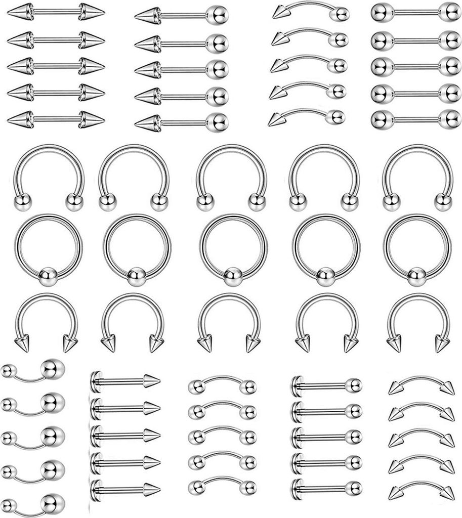 60-teiliges Uni-Set aus Edelstahl für Lippen, Nägel, Augenbrauen, Nasenring, Piercing, gemischtes Set