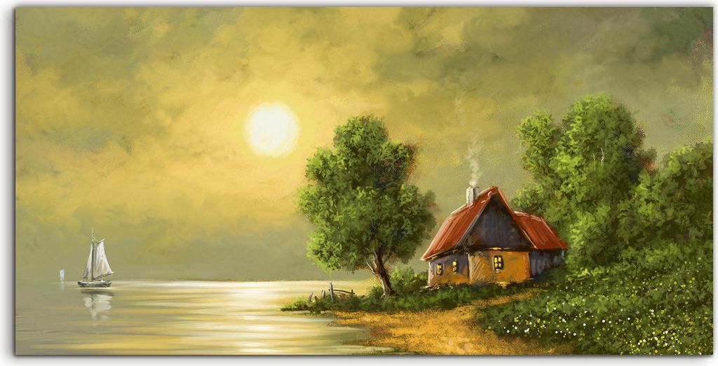 Coloray Canvas 140x70 Wandbild Leinwand Bilder Baum Segel boot Baum Haus Wasser Sonne