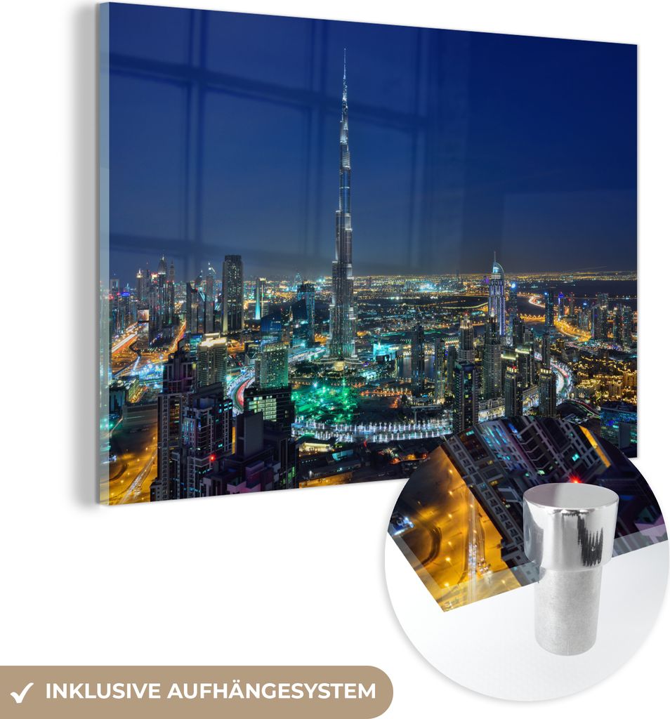 MuchoWow Glasbilder - Bilder auf Wandbild - Foto auf Glas Dubai und der Burj Khalifa am Abend beleuchtet 120x80 cm Wanddekoration aus Glas - Acrylg...