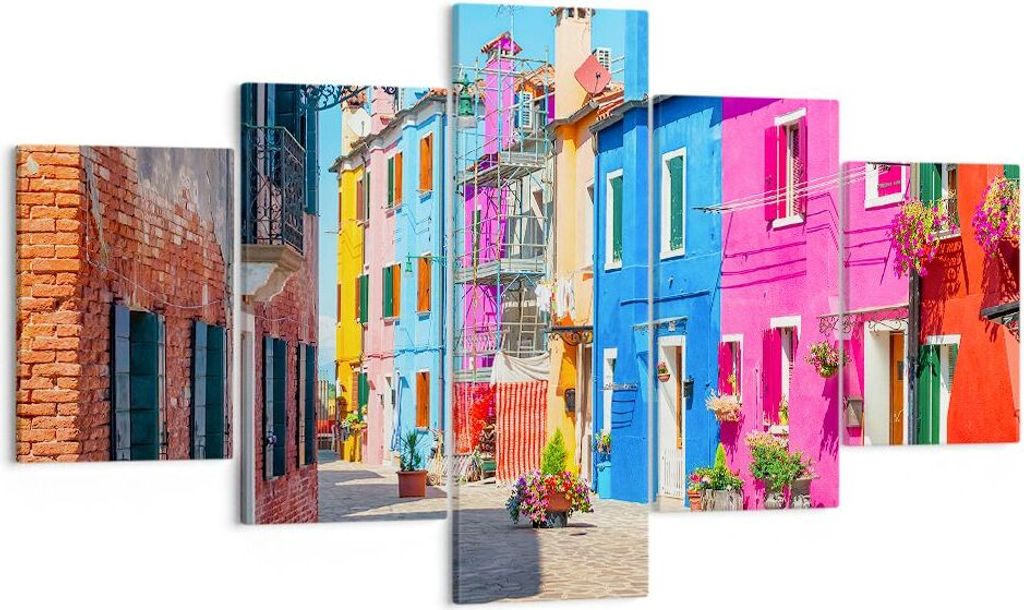 Bild auf Leinwand - Leinwandbild - Straße Haus Blumen - 125x70cm - Wand Bild - Wanddeko - Leinwanddruck - Bilder - Kunstdruck - Wanddekoration - L...