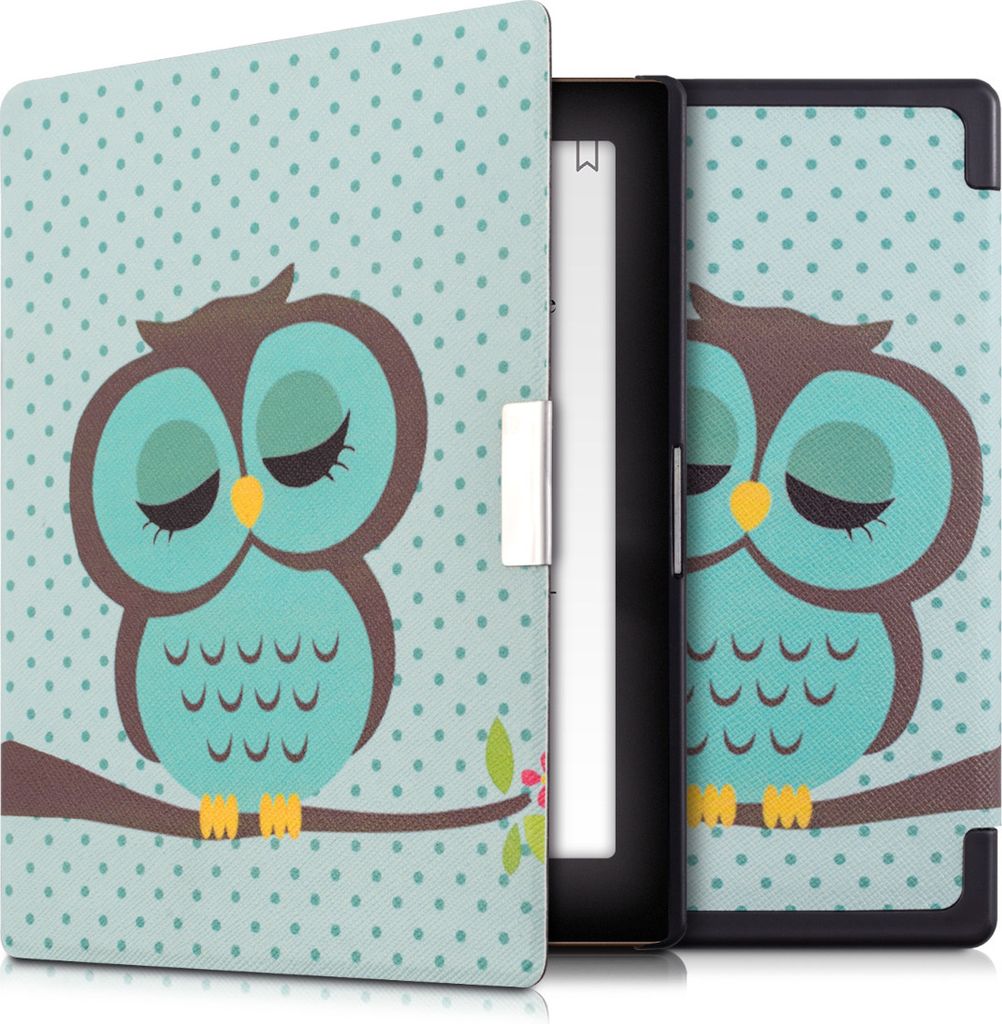 kwmobile Schutzhülle für Kobo Aura Edition 1 Hülle - eReader Flip Case mit Auto Sleep Funktion - Eule Schlaf mit Türkis Braun Mintgrün