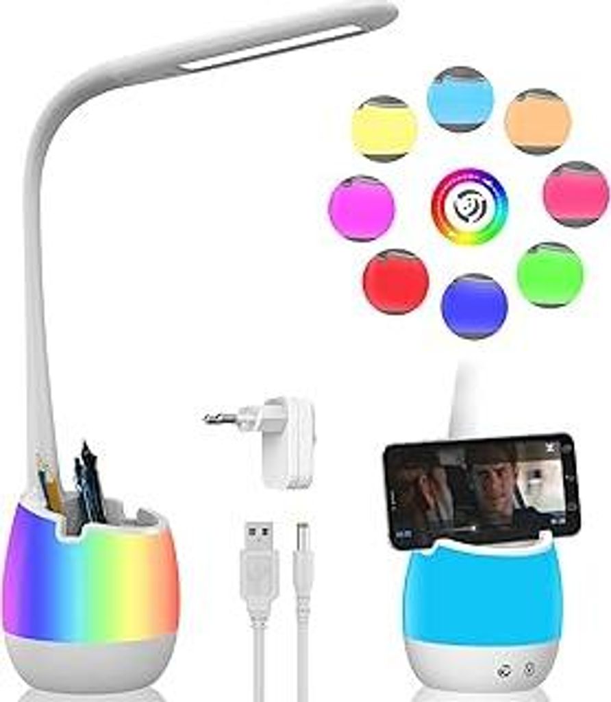 ERAY Schreibtischlampe Kinder Jungen/Mädchen, LED Tischlampe Dimmbar, Nachttischlampe Stifthalter/2000mAh Akku/8 Farben Nachtlicht/3 Farbmodi & 3 ...