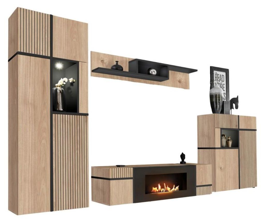Wohnzimmer-Set CRISS mit Bio-Ethanol-Kamin – Helles Eichenholz und Schwarz – TV-Möbel, Vitrine, niedrige Vitrine und Regal