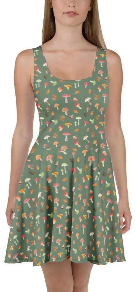 Mr. & Mrs. Panda A-Linien-Kleid Pilz Wald XL - Grün - Geschenk, Sommerkleid, Minikleid, Kleid, Damen-Sommerkleid, Muster, Pilze, Laub, Strandkleid