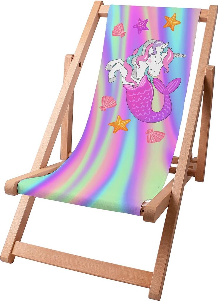 A wooden deck chair with a colorful fabric seat featuring a mermaid unicorn illustration and a pastel striped background.