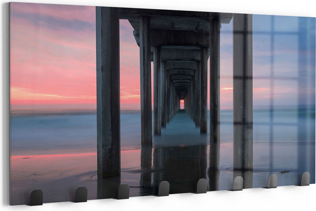 DEQORI Kleiderhaken Glas 60x30 cm 'Pier im Abendrot' Wand Garderobe beschreibbar Paneel