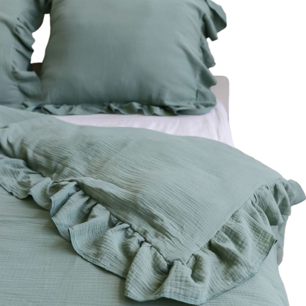 Musselin Bettwäsche Mit Rüschen Set Schlafzimmer Bettdeckenbezug 160X200 Cm + 2 Kissenbezüge 70X80 Cm Boho Grün