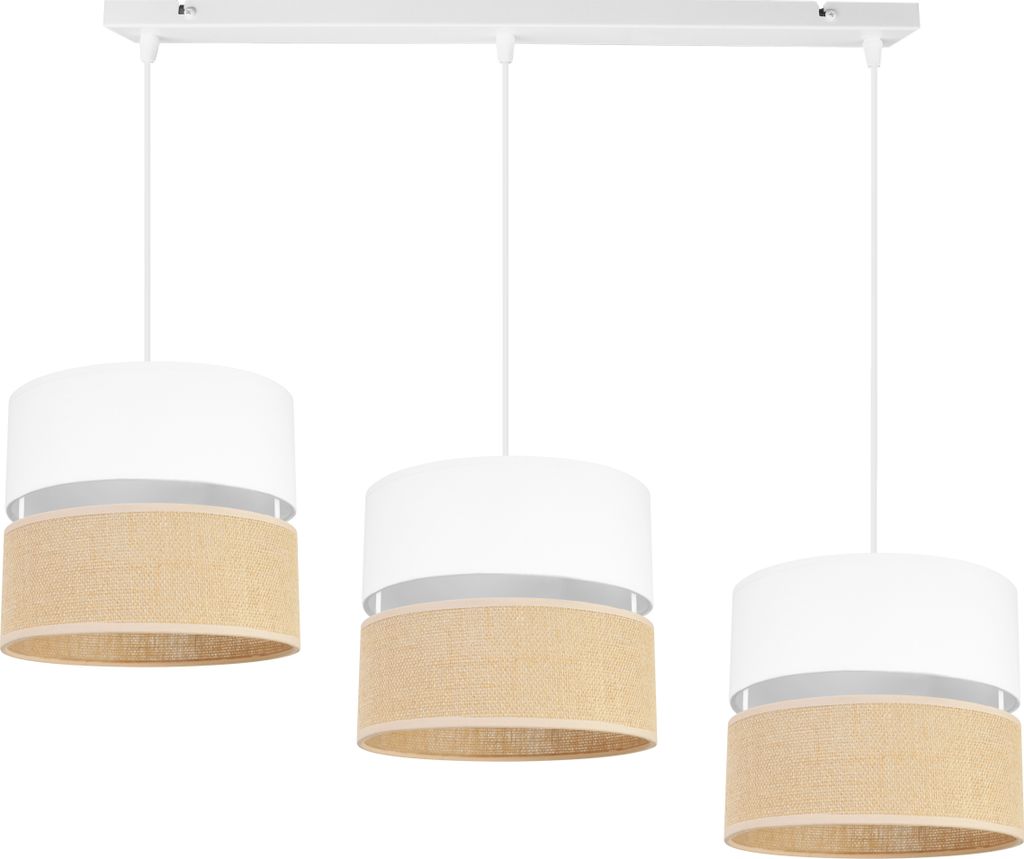 Light-Home Juta Hängelampe - Metall mit Lampenschirm aus Stoff - E27 - Klassisch 3-Flammig 20 cm - Weiß Basis und Jute und Weiß