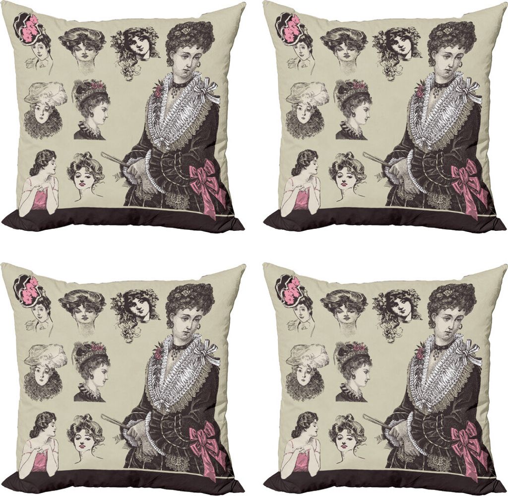 ABAKUHAUS Weinlese-Frau Kissenbezug Set (4 Stück), Retro Dame, Moderner Doppelseitiger Digitaldruck, 45 cm x 45 cm, Mehrfarbig