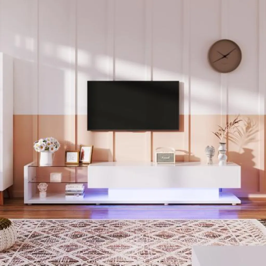 Meuble TV blanc brillant 170 cm avec éclairage LED et étagères en verre