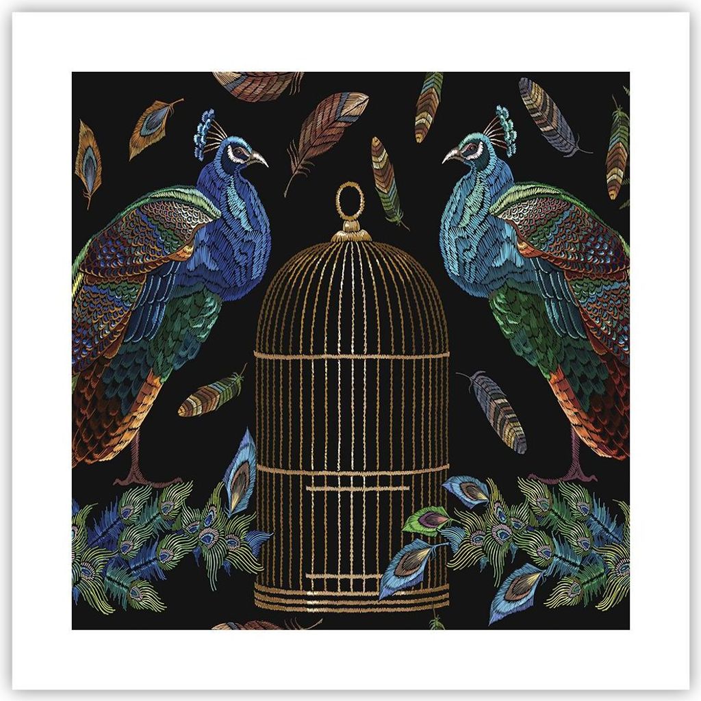 Poster - Poster ohne Rahmen - Pfauen Gold Käfig - 40x40 cm - Wand Bild - Wanddeko - Wandbilder - Kunstposter - Wandposter - Bilder - Kunstdruck - ...