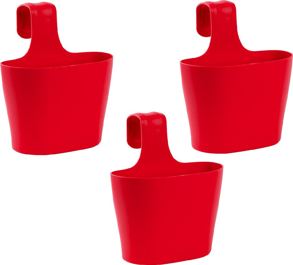 3x Blumenkasten oval 2,8 Liter Balkon Übertopf Pflanzkasten Blumentopf zum Hängen mit 1. Bügel und Wasserspeicher Rot