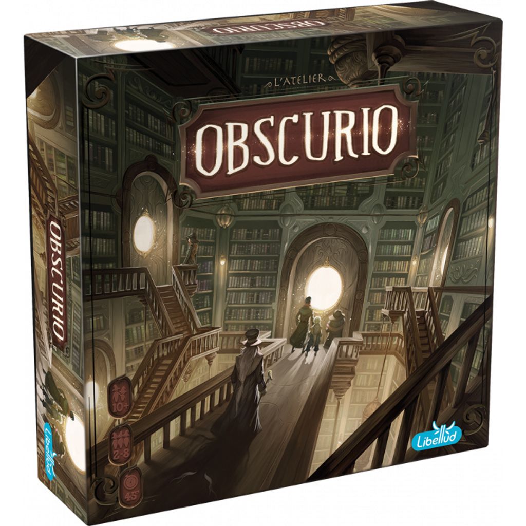 A board game box depicting a grand, dimly lit library with people walking up stairs.